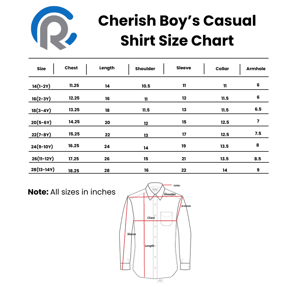 Cherish Boys Casual Shirt Size Chart
