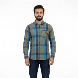 Men’s Olive & Electric Blue Fusion Plaid Shirt