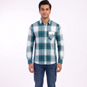 Men’s Teal & White Bold Plaid Casual Shirt