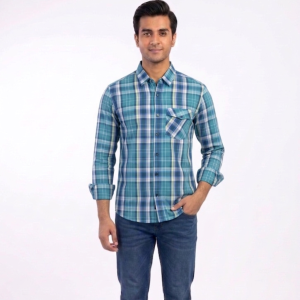 Men’s Ocean Blue Multi-Tone Plaid Casual Shirt