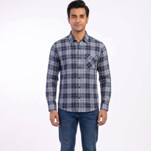 Men’s Navy & Slate Blue Gradient Plaid Casual Shirt