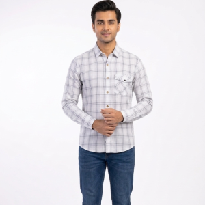 Men’s Minimalist Off-White & Charcoal Grid Check Shirt