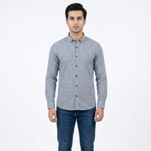Men’s Steel Blue Micro-Gingham Button-Down Shirt
